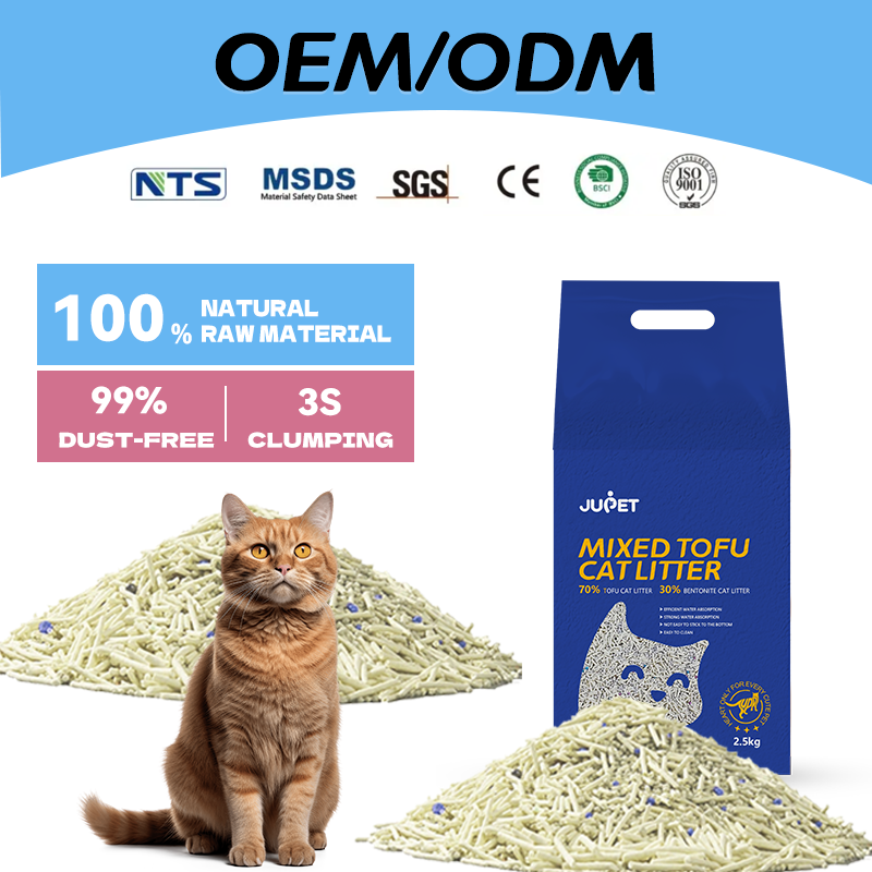 JUPET Catlitter Factory OEM/ODM 100% Natural Mixed 7:3 8:2 Milk Tofu Bentonite Kitty Cat Litter Sand