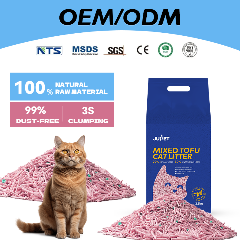 JUPET Catlitter Factory OEM/ODM 100% Natural Mixed 7:3 8:2 Peach Tofu Bentonite Kitty Cat Litter Sand