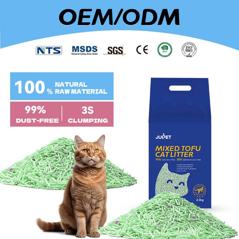 JUPET Catlitter Factory OEM/ODM 100% Natural Mixed 7:3 8:2 Tea Tofu Bentonite Kitty Cat Litter Sand