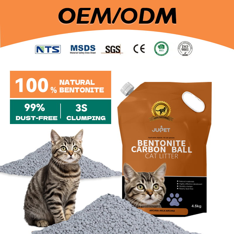 JUPET Factory OEM/ODM Milk Flavour MSDS Rohs Bsci Carbon Bentonite Kitty Cat Litter Sand